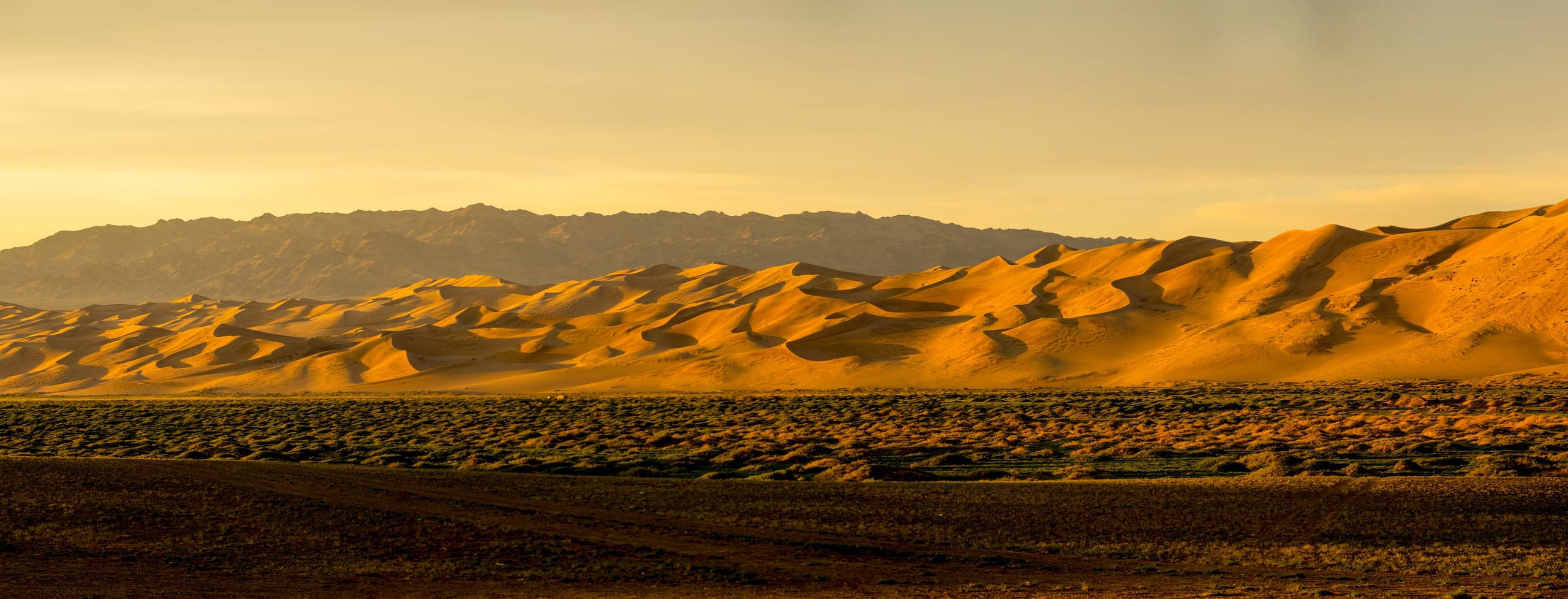 Gobi sand dunes glowing in golden evening light beneath a dark mountain ridge, with the steppe in shadow