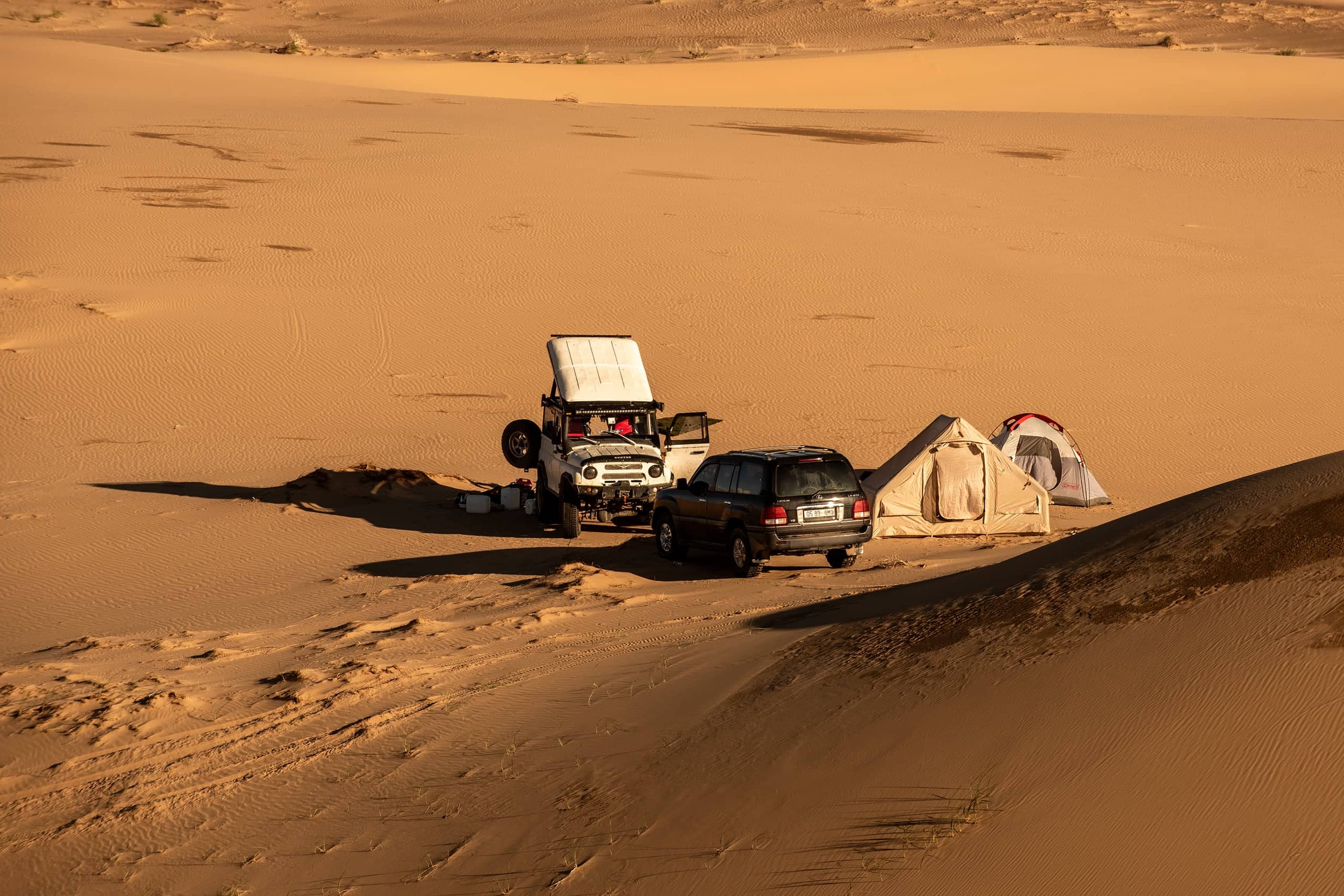 A private expedition camp of vehicles and tents in a sheltered hollow among Gobi dunes